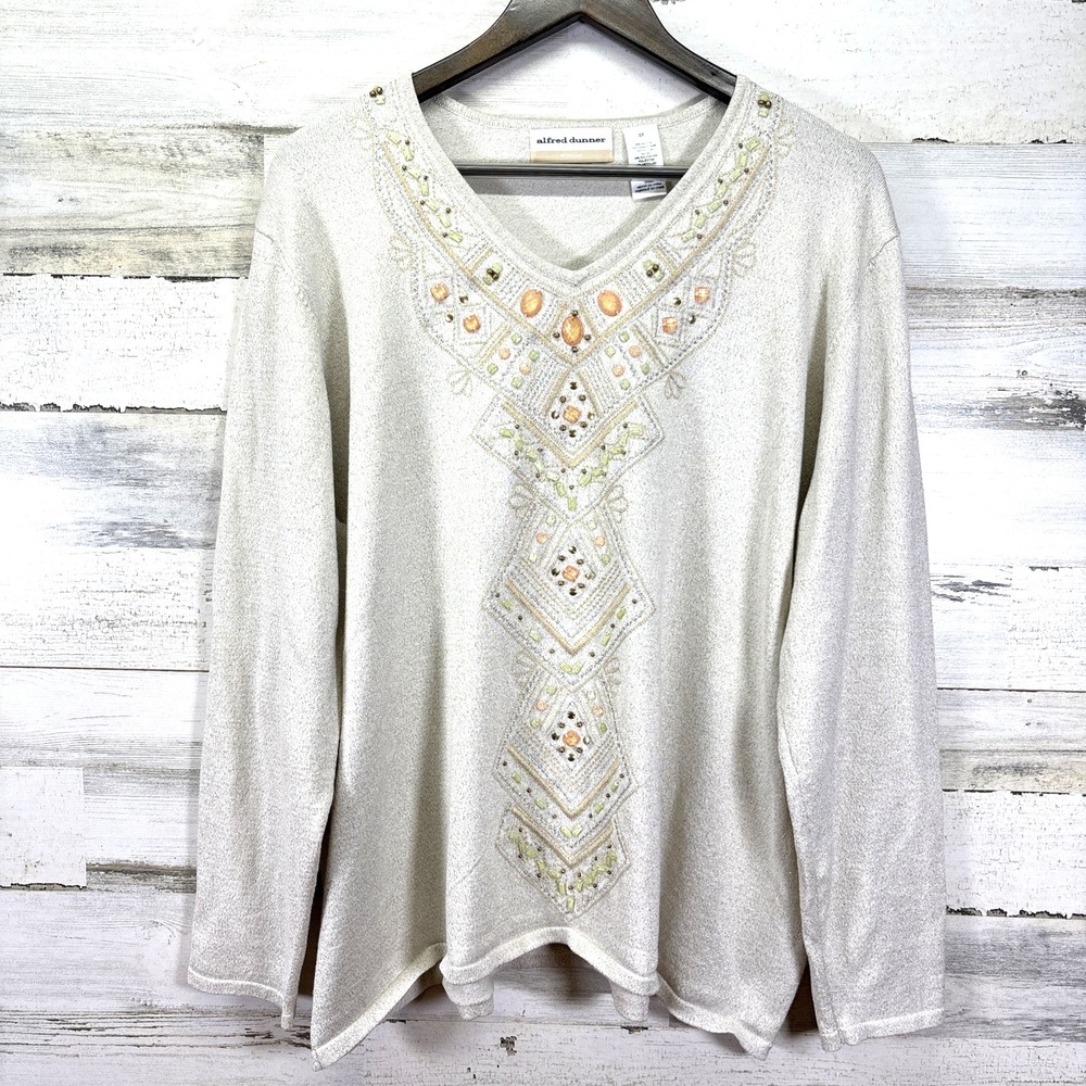 Alfred Dunner Champaign & Gold Metallic Beaded Embroidered  V Neck Sweater Sz 2X